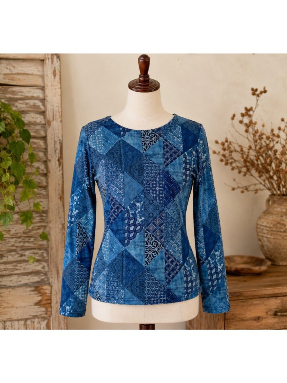 Reba Blue Floral Patchwork Top Blouse Womens Size Medium Boho Cottagecore Hippie